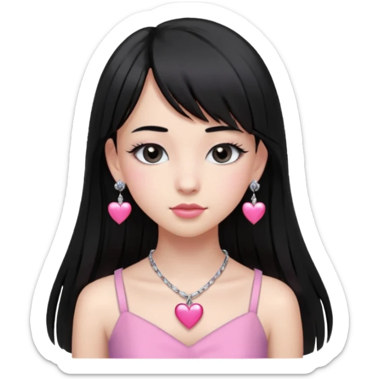 Cabelos pretos longos lisos ,com franja curvada .olhos pretos puxadinho para cima. Cílios longos curvados. Pele clara ,nariz pequeno ,lábios carnudos ,adolescente 16 anos ,vestido rosa de alça, colar de coração prata ,brinco de diamante sticker