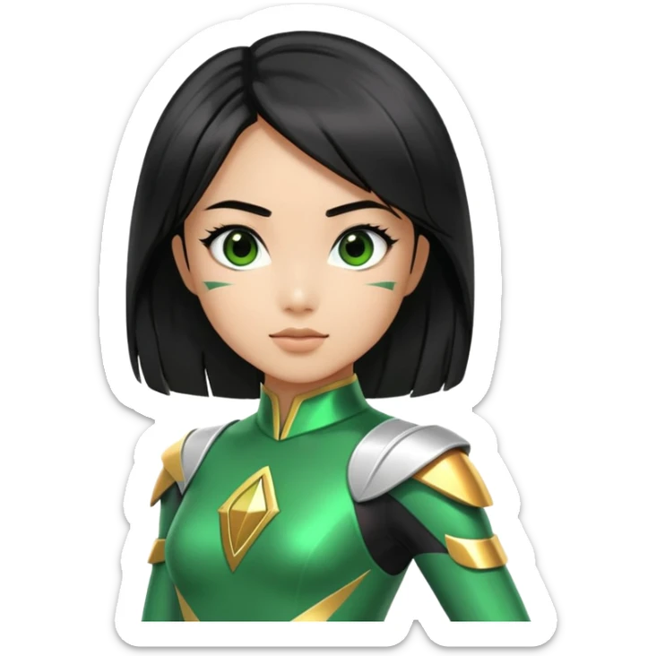 wasian girl in a green Power Ranger suit, black straight hair, black eyes sticker