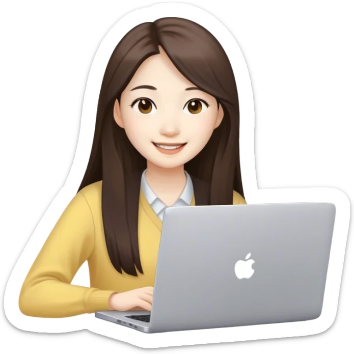 Long hair asian woman working on pale yellow laptop with brown eyes in zoom meeting  sticker