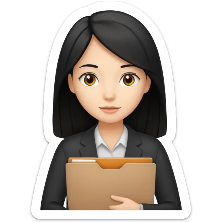 a light tan woman with long black hair past mid-back, round brown eyes and manila folder in her hands sticker