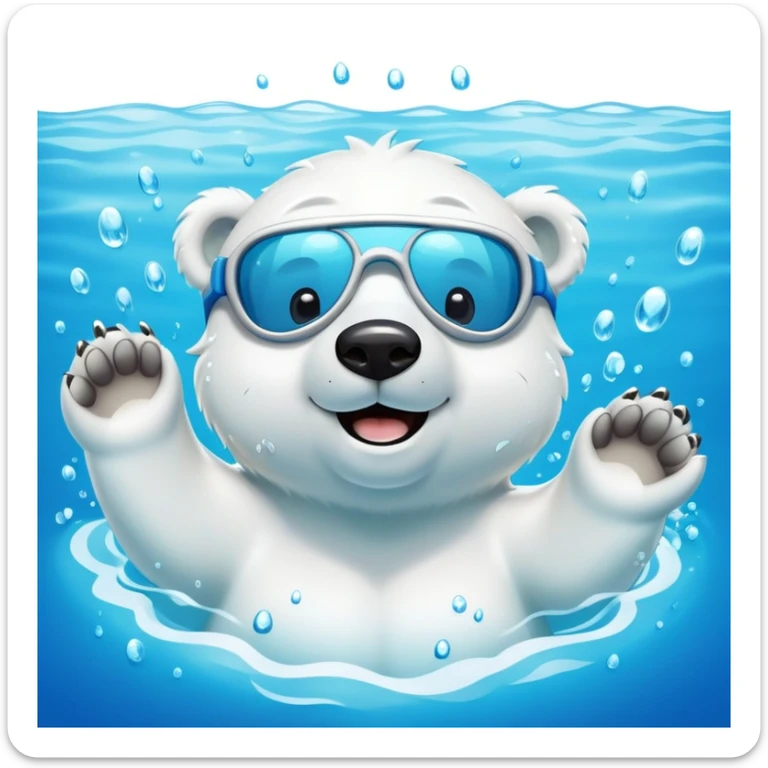 friendly anthropomorphised polar bear wearing swimming goggles, swimming in a wide pool with water splashing around sticker