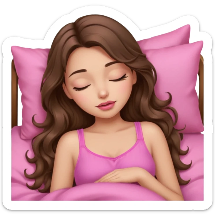 girl with long wavy brown hair, brown eyes, long lashes makeup, sexy pink lips, light to medium complexion, wearing a pink sexy top, sleeping sticker