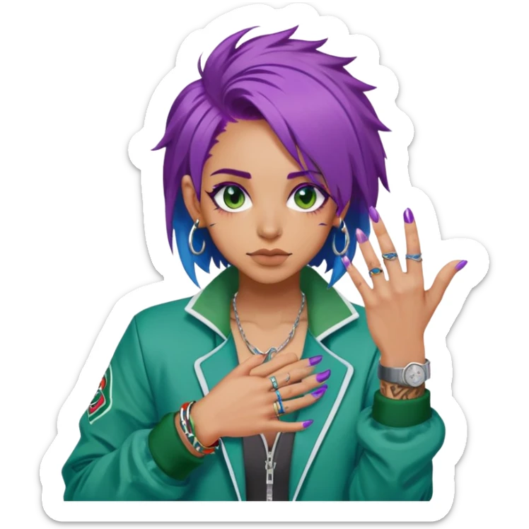 A person with messy purple hair, wearing a green sports jacket with white accents. Add details such as rings on the fingers, tattoos on the hands, and bright nail polish (blue and red). sticker