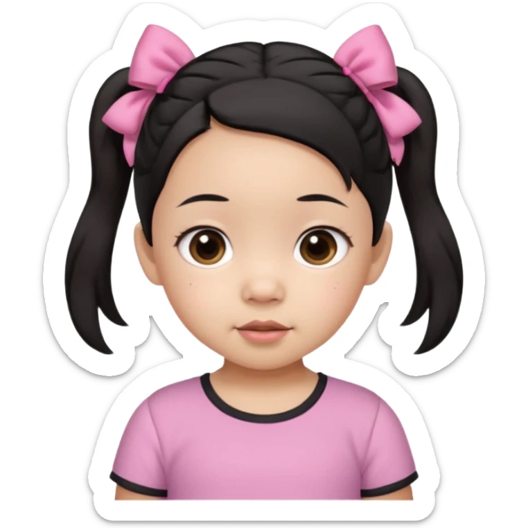 mixed 1 year old girl asian and american with short pigtails and cute bows i dark brown/black hair with big brown eyes emoji in a pink shirt sticker