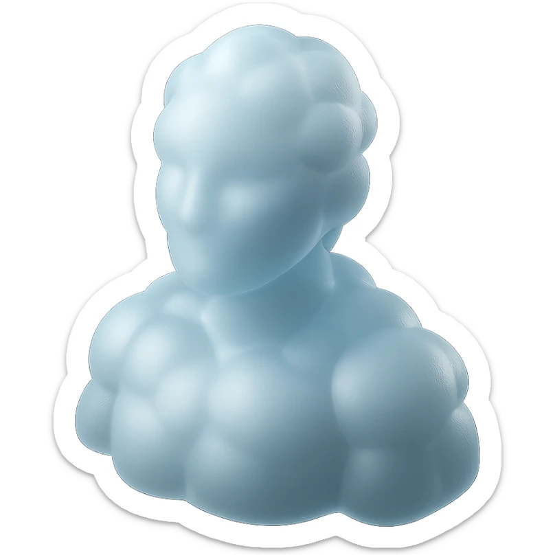 person made entirely of white fluffy convex clouds, shoulders up, front view, matte glass style sticker