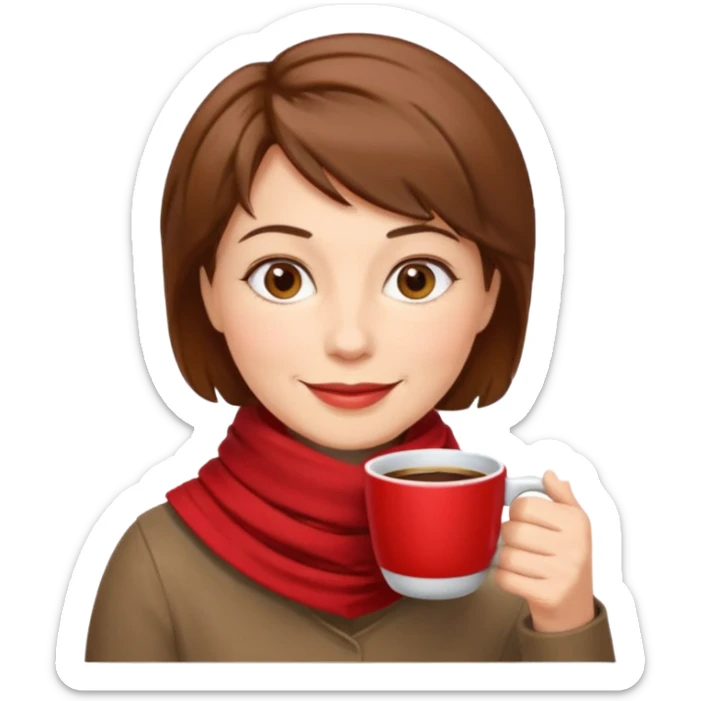 a middle age woman with brown short hair, having red scarf, drink coffee, enjoy sticker