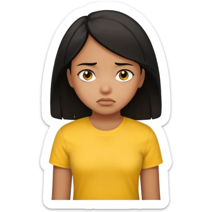 brown pretty bratz girl with black hair, wearing a yellow tshirt. looking sad sticker