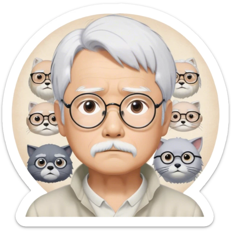 ​Cinematic Realistic Portrait of Hayao Miyazaki, depicted with striking white hair, defined black eyebrows, and large rectangular glasses, his thoughtful expression rendered in lifelike detail against a background of whimsical Studio Ghibli-inspired sketches, illuminated with soft, realistic lighting that emphasizes his creative genius, sticker