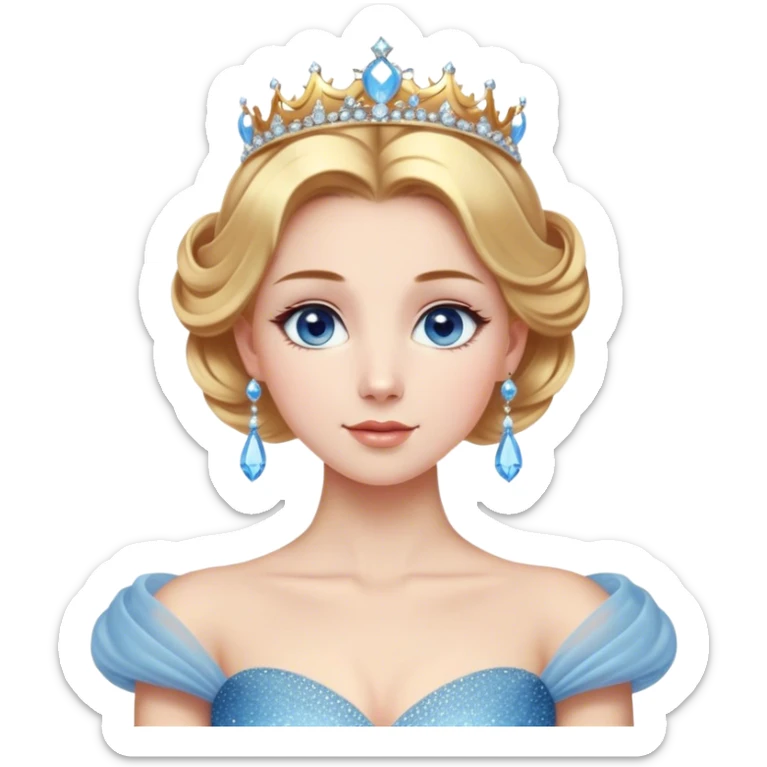 Cinematic Stunning Cinderella Portrait Emoji, Radiant in her sparkling blue ball gown, golden hair in a perfect updo, soft blue eyes full of wonder, glistening tiara, glowing with an ethereal beauty, regal yet kind, a dreamlike aura surrounds her, capturing the essence of a fairy tale princess, elegant and breathtaking! sticker