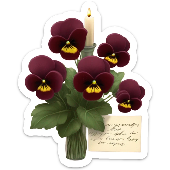 A handwritten love note resting beside a bouquet of burgundy pansies and a flickering candle
 sticker