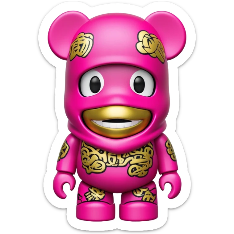 bearbrick toy figure wearing a bright pink balaclava with big pouty lips and gold grillz teeth visible, decorated with luxury brand logos and graffiti style patterns on its body sticker