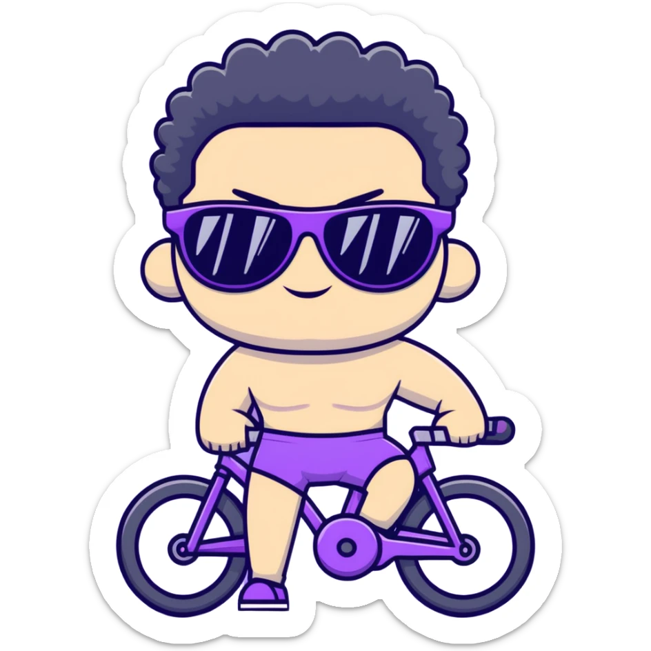 shirtless male athlete with white skin and moderately curly black hair on top with shaved sides, wearing purple bike sunglasses with black tinted lenses sticker