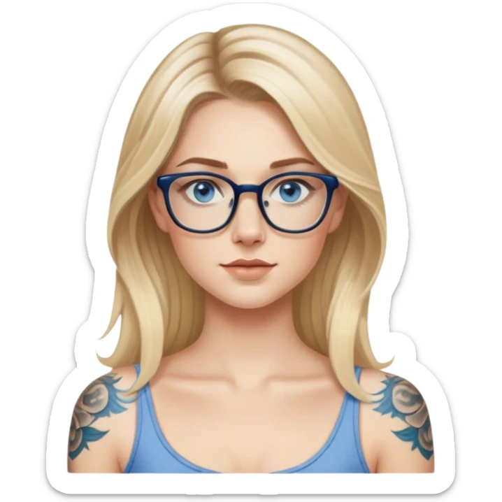 Hyper Realistic edgy model, pale woman, long blonde balayage hair, blue eyes and glasses, shoulder tattoo  sticker