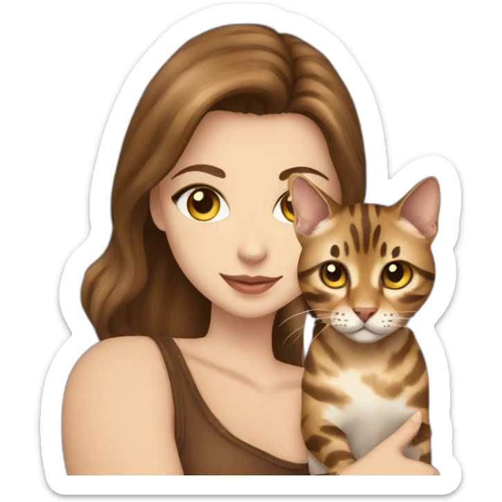a beautiful girl with blue eyes and brown hair is holding a Bengal cat with yellow eyes in her arms sticker