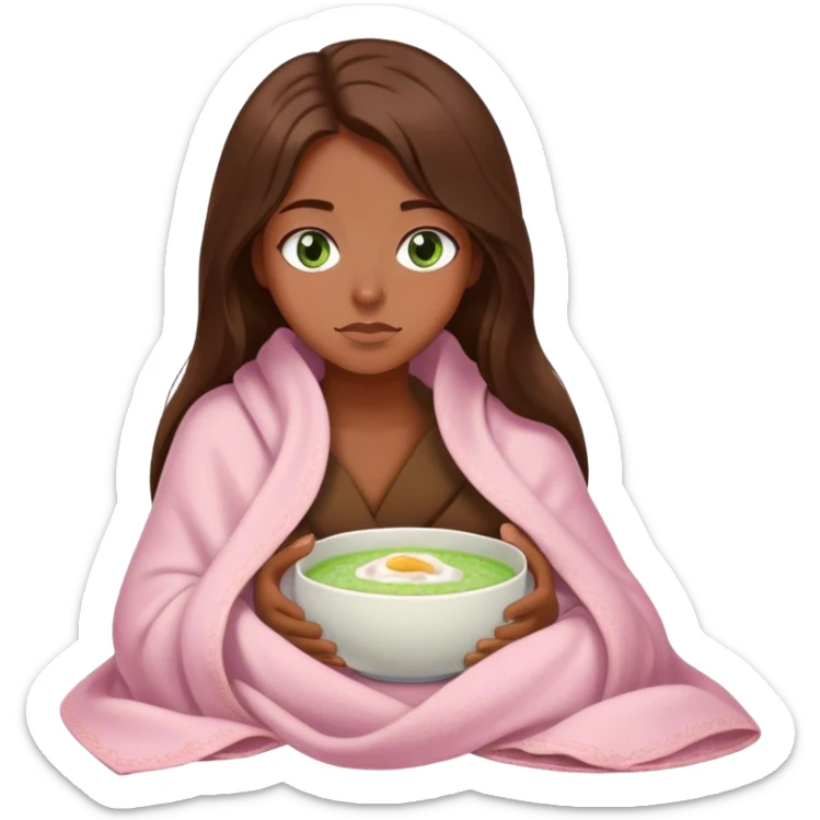 woman with very long brown hair and green eyes in a light pink blanket sleepy with porridge sticker
