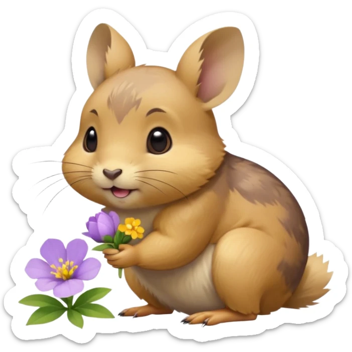 small round pika on all fours, turned at an angle, biting a small light purple flower in its mouth sticker