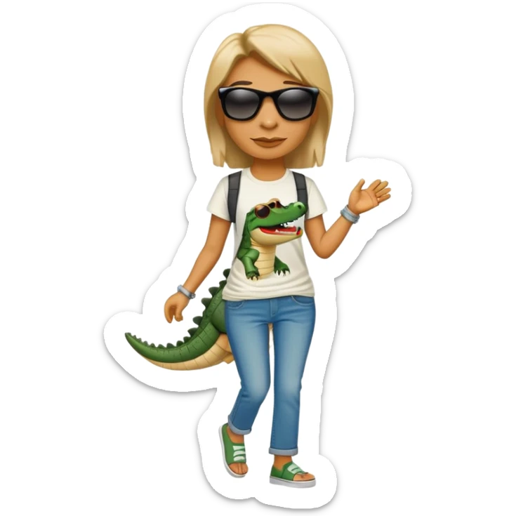 anthropomorphised female crocodile in a band t-shirt and jeans wearing sunglasses walking upright sticker