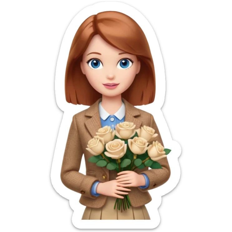 A Barbie girl with blue eyes, shoulder-length reddish-brown hair, made-up, wearing a beige tweed jacket and a beige skirt, with a bouquet of white nine roses sticker