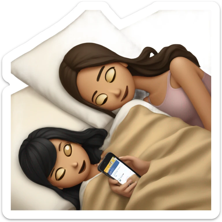girl with long brown hair and girl with short black hair on their phones laying in a bed with a beige comforter  sticker
