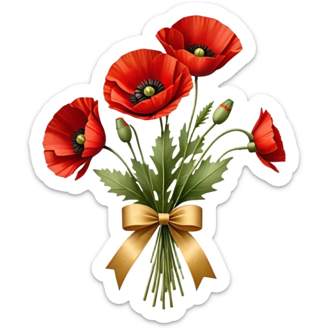 A bouquet of vibrant red poppies tied with a golden ribbon, vintage style, soft warm lighting, delicate details, aged paper background. sticker