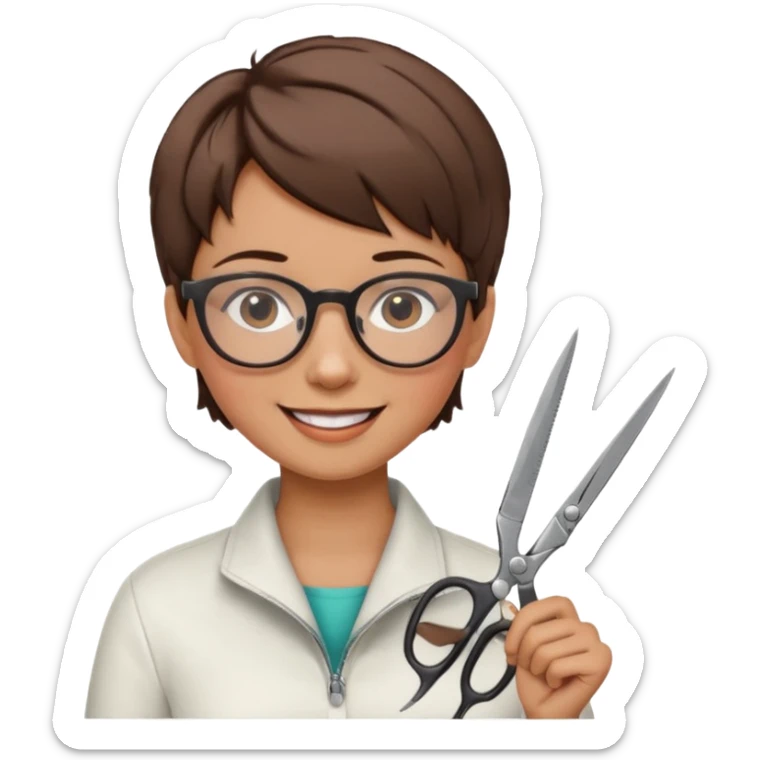 Happy woman with very short hair and glasses having haircut  with scissorsemoji sticker