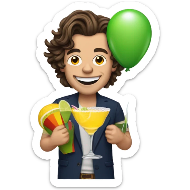harry styles with a birthday hat holding a margarita and a balloon sticker