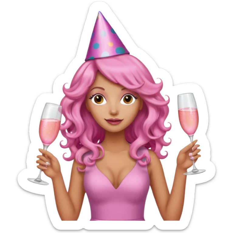One lady with long pink curled hair and tan skin holding a glass of  pink champagne in each hand sticker