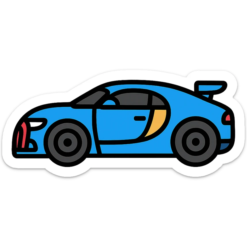 Bugatti car, sleek and luxurious, bold black outlines, vibrant blue color, color icon style sticker