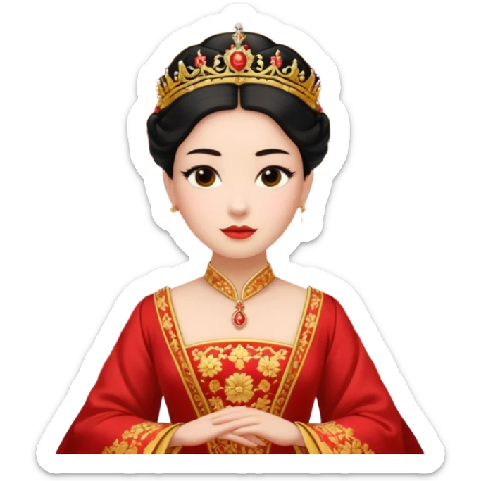 background is UK queen sitting in a Imperial Chinese palace building with red walls, golden roof decorations sticker