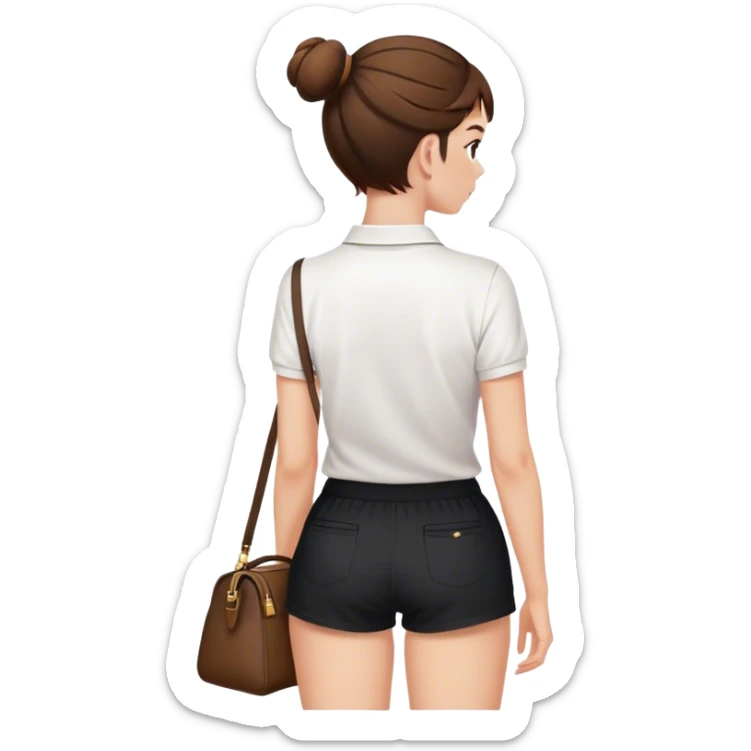 pretty girl back view white polo black shorts brown hair in a bun, white bag sticker