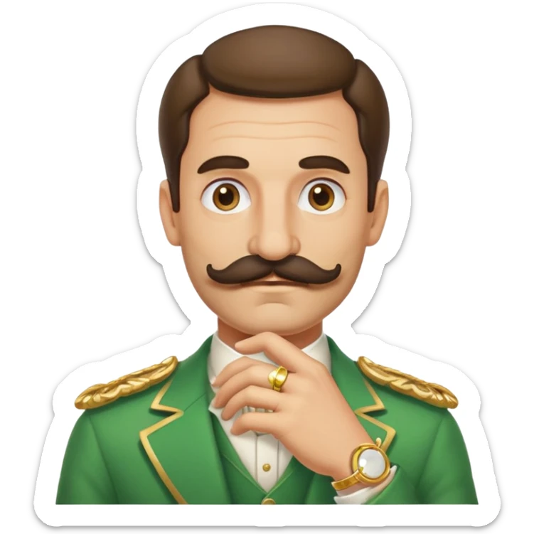 italian man Luigi Mangione with mustache wearing a large gold wedding band sticker