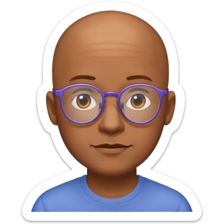 expressive Twitch emote of a cartoon-style character in an emoji-like art style. Bright colors, outlined, transparent background. Use the following face: male person in their early 30s, brown skin, bald, with glasses and a gentle face. sticker