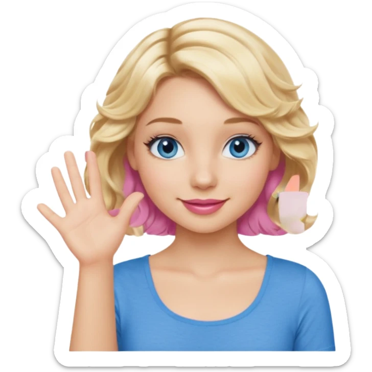 Girl Blonde short wavy hair,  blue eyes, cute blue top, long lashes, pink lips, smiling, one hand palm up side ways  sticker