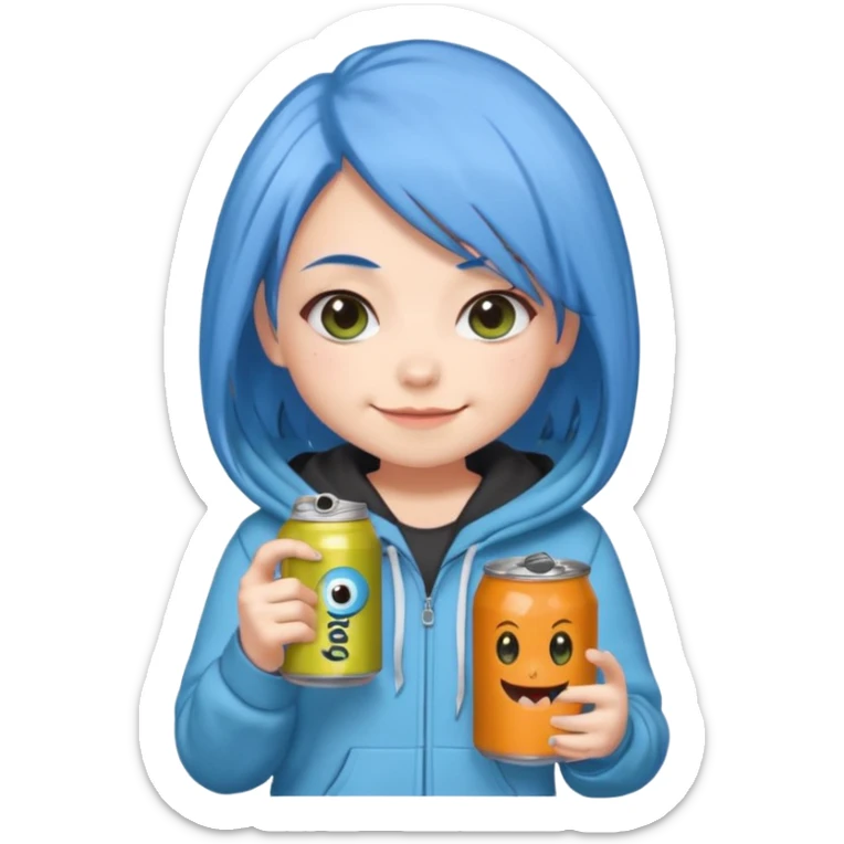Chibi sticker of a woman with powder blue hair with white eyes hold a can of Monster with a smug smile; cozy style sticker