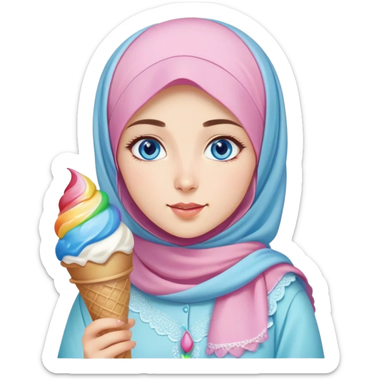 Turkish beautiful finish Konya girl blue eyes with ice cream pastel hijab islamic dress and had on her hand rainbow ice cream  sticker