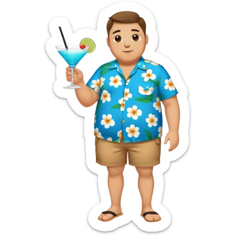 chubby guy full figure in a flowered azure havai shirt, brown shorts and flippers holding a cocktail sticker