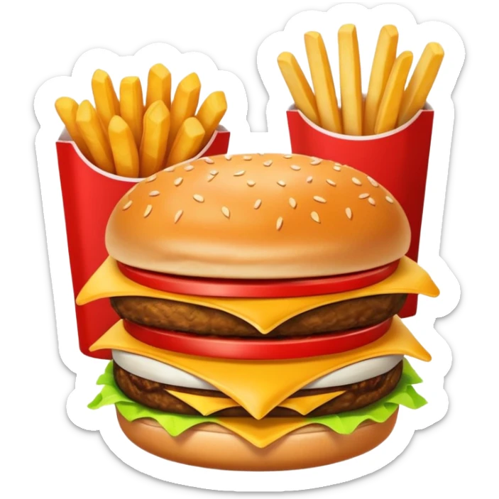 A clean and simple icon of fast food in emoji-style illustration. A burger with fries, nuggets and shawarma, bright and bold colors, simple shapes, flat design, high contrast, inviting and appetizing. sticker