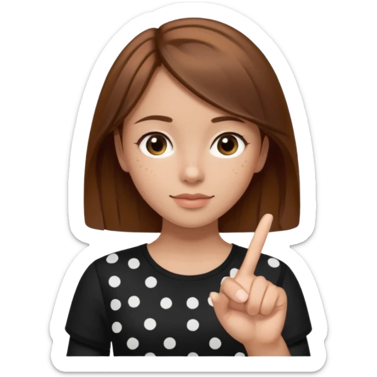 girl wearing a  black polka white dots  shirt style, and poiting witgh her hand, her hair brown  sticker