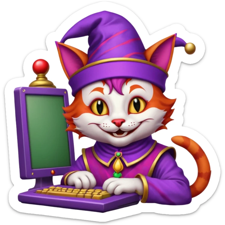crazy colorful cute little cat jolly joker from poker, medieval, vintage, court jester, mac os icon, purple and red color, half body. The cat is inside a retro computer terminal sticker