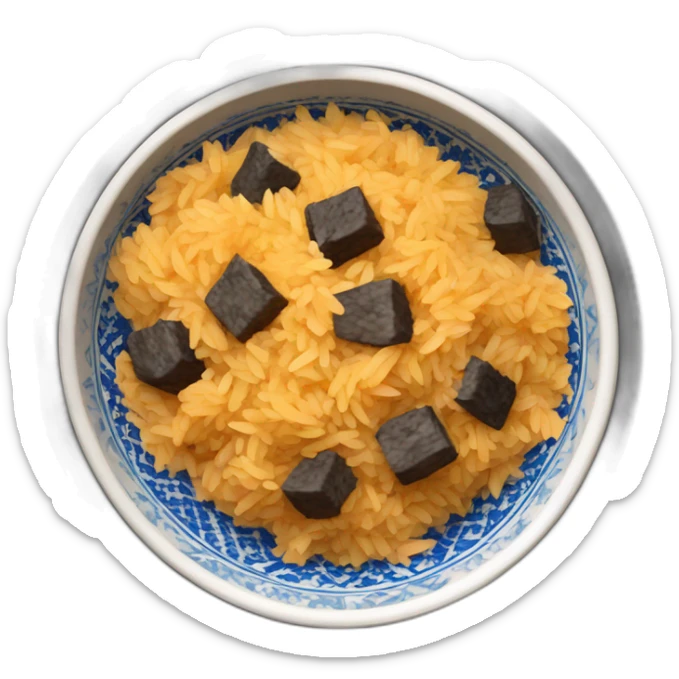 a bowl of Uzbek pilaf with black pieces of meat sticker