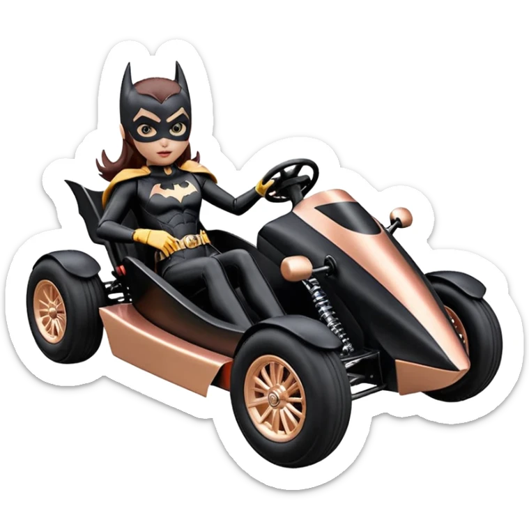Hot full size real size-appearance electric road racing sexy BatGirl’s feminine midnight-colored tight outfit sixty’s tv show inspired dark stealthy sporty safe plush deluxe off-road pursuit cruiser car rose gold accents (black hair,reclined and relaxed torso and shoulders seating position) go kart  sticker