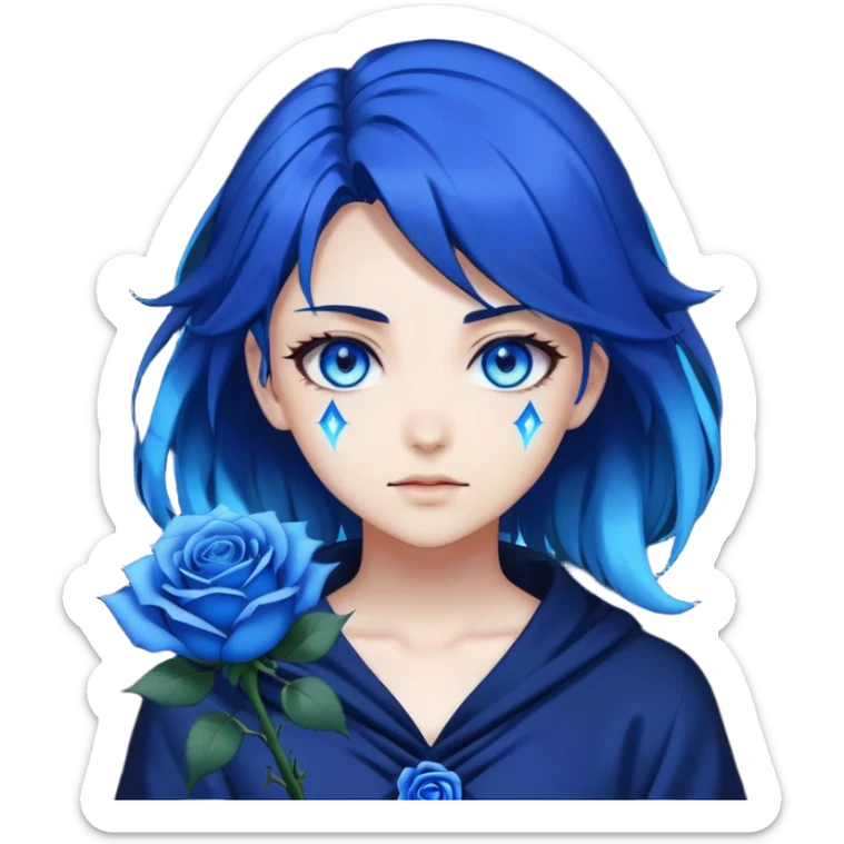 anime girl emoji with dark blue hair, blue rose, intense blue glowing eyes, Solo Leveling style, blue magical aura, high contrast, 2D sticker