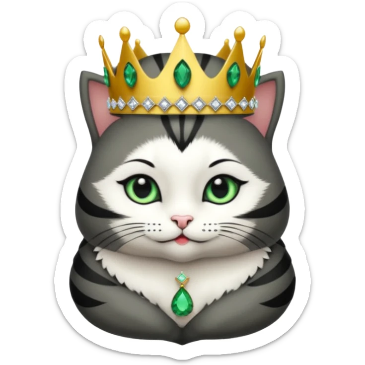 Gatito gris oscura con rayas negras ojos verdes vestida de reina con coronas y diamantes, más peluda y gordita  sticker
