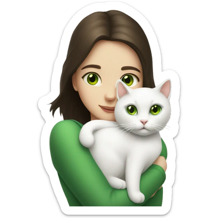 A white cat in the arms of a brunette girl with green eyes sticker