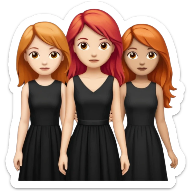 Can you create an image of 3 friends together one with red bright hair light skin one the other with brown hair with some blonde highlights in the hair fair skin the last one with light brown a tint of orange hair and black long hair with brown with dresses dark hair on one sticker