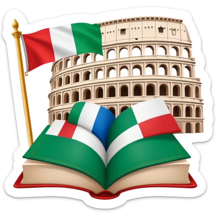 An icon featuring the Colosseum and the flag of Italy, symbolizing the Italian language. The design includes an open book with Italian phrases and a gondola, representing language learning and cultural exploration. Transparent background sticker