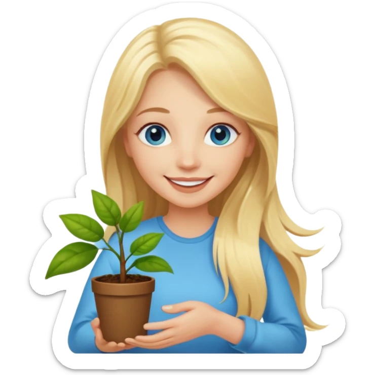 Happy Woman with long blonde hair and blue eyes holding happy plant sticker