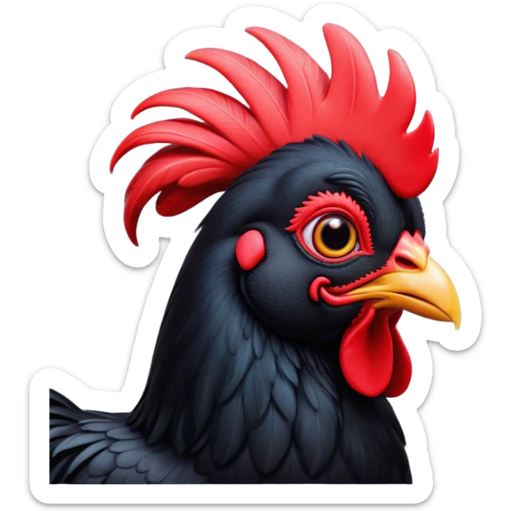 Cinematic Cute Black Rooster Portrait Emoji, Head tilted playfully and inquisitively, featuring a glossy, immaculate black plumage with a vibrant red comb, round, sparkling eyes filled with curiosity, Simplified yet irresistibly adorable features, highly detailed, glowing with a warm, friendly glow, high shine, affectionate and spirited, stylized with a touch of farmyard whimsy, bright and endearing, soft glowing outline, capturing the essence of a mischievous yet loving rooster, so playful it feels like it could strut out of the screen and into your arms! sticker