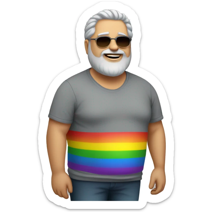Fat British Man with grey hair and grey beard and with shades and earring with rainbow tshirt  sticker