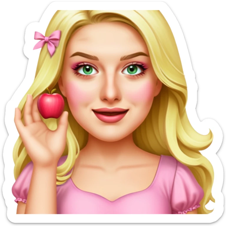 Edit the image to depict a blonde with long hair and swamp eyes rejoicing in a pink pastel dress, in the apple emoji style. sticker
